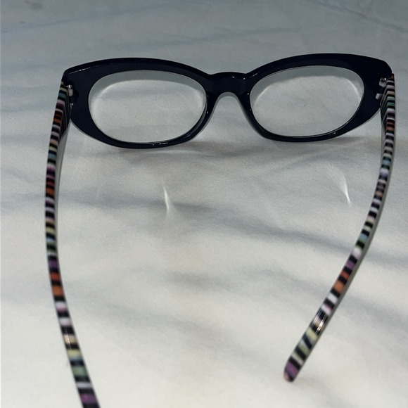 Cat Eye Glasses Navy Blue Frame Multi Color Stripe Arms Eyeglasses - Picture 15 of 16